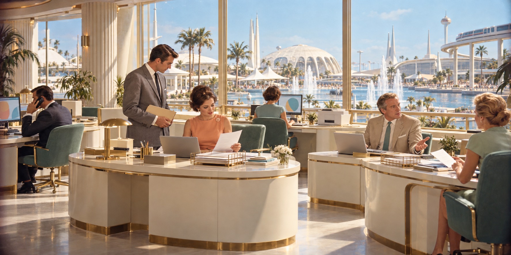 A busy office with laptops, monitors, phones and paper trays: a woman checks a printed sheet against her screen while a colleague waits beside her desk with a folder, and the owner in a sand suit turns to ask a colleague something. Fountains and a monorail are visible through the windows.