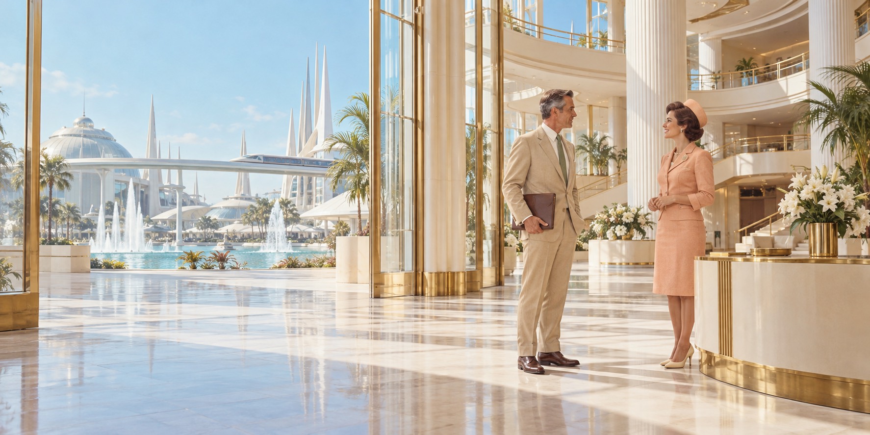 A host in a peach skirt suit greets a business owner in a sand suit carrying a folder in a bright marble entrance hall. Tall glass doors open onto fountains and a monorail, and an atrium with brass rails rises behind them.